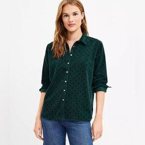 LOFT Women’s Green Black Velvet Dot Corduroy Everyday Button Front Shirt XS